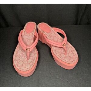 COACH Taffy Pink Leather Y2K Franki Monogram Platform Sandal Flip Flops Womens 8